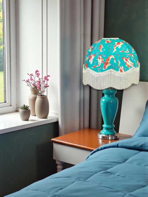 Oriental Koi Carp Lampshade, British Made, Ivory Cream Fringe, Animal Print Fabric Dome Shade - image 1