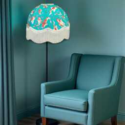 Oriental Koi Carp Lampshade, British Made, Ivory Cream Fringe, Animal Print Fabric Dome Shade - thumbnail 2