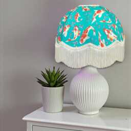 Oriental Koi Carp Lampshade, British Made, Ivory Cream Fringe, Animal Print Fabric Dome Shade - thumbnail 3