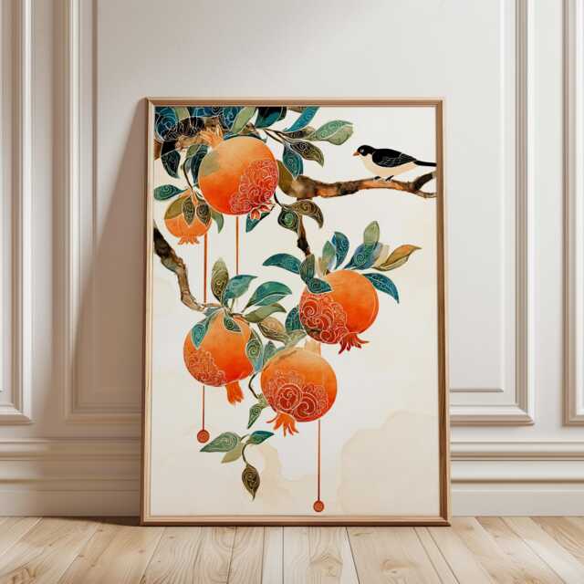 Pomegranate Branch Art Print, Japanese Woodblock Style, Botanical Fruit Wall Decor, Zen Nature Poster, Decorative Oriental Illustration - image 1
