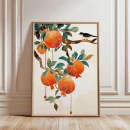 Pomegranate Branch Art Print, Japanese Woodblock Style, Botanical Fruit Wall Decor, Zen Nature Poster, Decorative Oriental Illustration - thumbnail 1