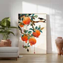Pomegranate Branch Art Print, Japanese Woodblock Style, Botanical Fruit Wall Decor, Zen Nature Poster, Decorative Oriental Illustration - thumbnail 3