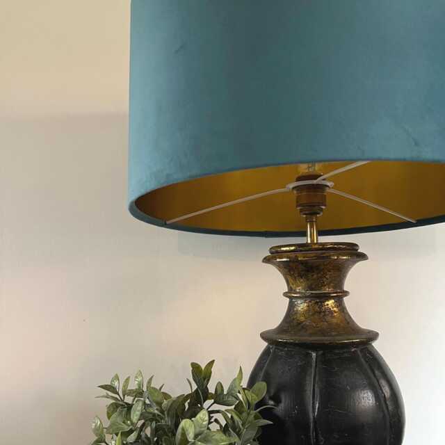 Teal Velvet Drum Lampshade/ Ceiling Shade With A Metallic Gold Lining, Bright Brushed Lining - image 1
