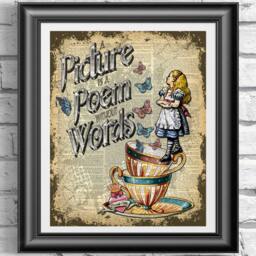 Alice in Wonderland Book Art Print, Wall Decor, Art, Gift Idea Party, Hangings, Dictionary Page, Mixed Media Print Poster - thumbnail 1