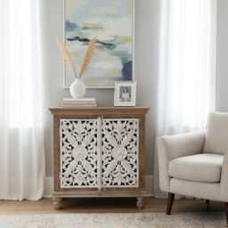 Hand-Carved Mango Wood Sideboard - 2 Doors With Whitewashed Floral Panels - thumbnail 4