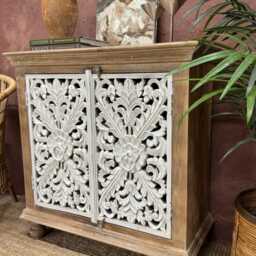 Hand-Carved Mango Wood Sideboard - 2 Doors With Whitewashed Floral Panels - thumbnail 3
