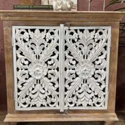 Hand-Carved Mango Wood Sideboard - 2 Doors With Whitewashed Floral Panels - thumbnail 2