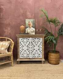 Hand-Carved Mango Wood Sideboard - 2 Doors With Whitewashed Floral Panels