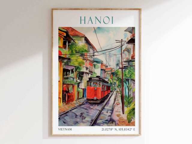 Hanoi Vietnam Art Print - Train Street Poster, Old Quarter Wall Art, Travel Decor, Southeast Asia Illustration - image 1