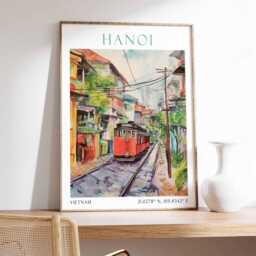 Hanoi Vietnam Art Print - Train Street Poster, Old Quarter Wall Art, Travel Decor, Southeast Asia Illustration - thumbnail 2