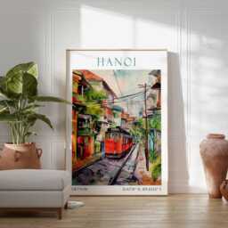 Hanoi Vietnam Art Print - Train Street Poster, Old Quarter Wall Art, Travel Decor, Southeast Asia Illustration - thumbnail 3