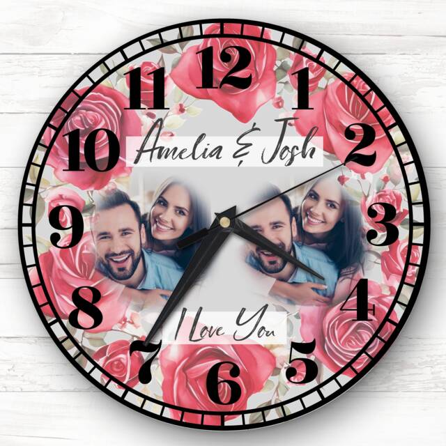 Love You Photo Flowers Anniversary Valentine's Day Gift Grey Personalised Clock - image 1