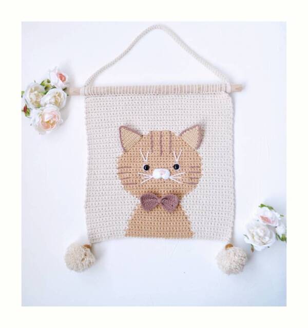 Cat Crochet Cotton Wall Hanging For Nursery Room Kitty Boho Art Baby Girl Boy Decor Wall Bedroom Macrame - image 1