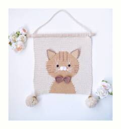 Cat Crochet Cotton Wall Hanging For Nursery Room Kitty Boho Art Baby Girl Boy Decor Wall Bedroom Macrame - thumbnail 1