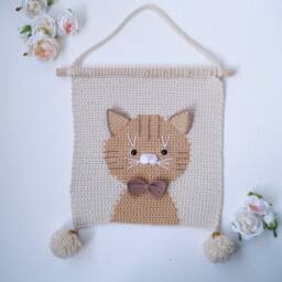 Cat Crochet Cotton Wall Hanging For Nursery Room Kitty Boho Art Baby Girl Boy Decor Wall Bedroom Macrame - thumbnail 3