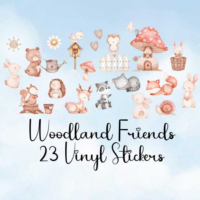 Woodland Animals Vinyl Stickers, Cute Forest Animal Set Of 23 Individual Rabbits Deer Fox Bear Toadstool House Sticker - image 1