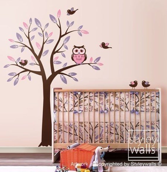 Owl Tree Decal Wall For Nursery Decor, With & Birds Kids Baby Room Decal, Owls Sticker Decor - image 1