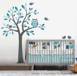 Owl Tree Decal Wall For Nursery Decor, With & Birds Kids Baby Room Decal, Owls Sticker Decor - thumbnail 2