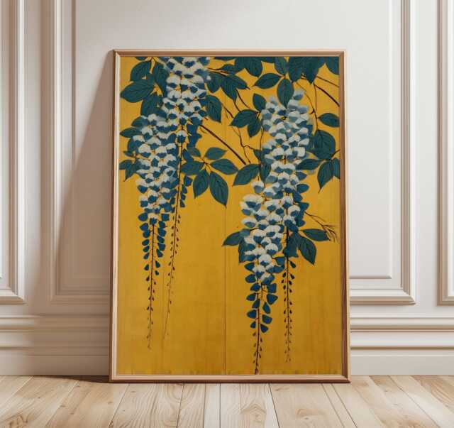 Wisteria Poster, Yellow & Teal Japanese Art Print, Botanical Wall - image 1