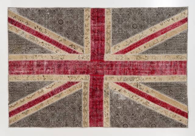 Union Jack Patchwork Rug Hand-Knotted Turkish Wool, Grey & Red - image 1
