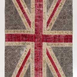 Union Jack Patchwork Rug Hand-Knotted Turkish Wool, Grey & Red - thumbnail 2