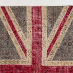 Union Jack Patchwork Rug Hand-Knotted Turkish Wool, Grey & Red - thumbnail 3