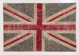 Union Jack Patchwork Rug Hand-Knotted Turkish Wool, Grey & Red - thumbnail 1