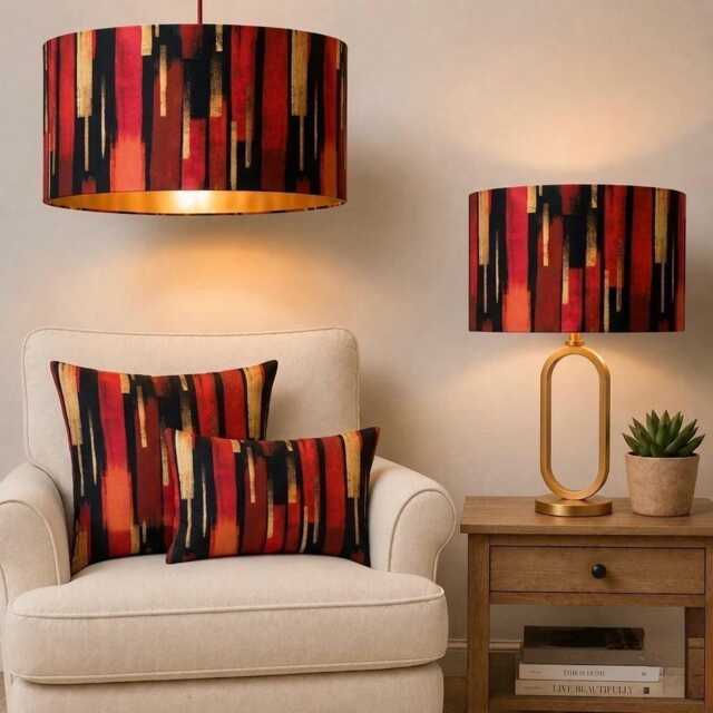 Handmade By Order Red Black & Gold Paint Texture Abstract Pattern Print On Velvet Drum Lamp Shade Pendant Light All Shapes Size - image 1