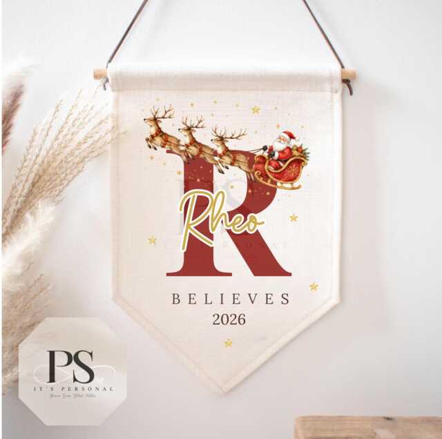 Personalised Christmas Pennant Flag, Custom Name Santa Sleigh Nursery Banner, Believe 2026 Wall Hanging - image 1