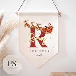 Personalised Christmas Pennant Flag, Custom Name Santa Sleigh Nursery Banner, Believe 2026 Wall Hanging - thumbnail 2