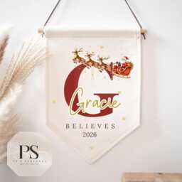 Personalised Christmas Pennant Flag, Custom Name Santa Sleigh Nursery Banner, Believe 2026 Wall Hanging - thumbnail 3
