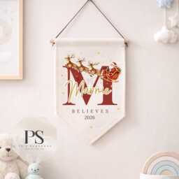 Personalised Christmas Pennant Flag, Custom Name Santa Sleigh Nursery Banner, Believe 2026 Wall Hanging - thumbnail 4