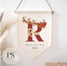 Personalised Christmas Pennant Flag, Custom Name Santa Sleigh Nursery Banner, Believe 2026 Wall Hanging - thumbnail 1