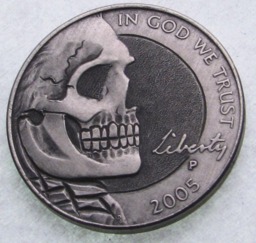 Hand Engraved Hobo Nickel Skull Coin Memento Mori Art - thumbnail 1