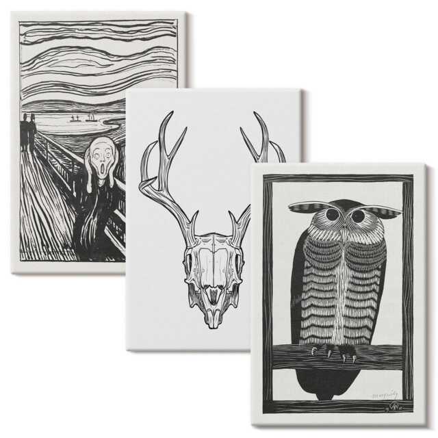 Canvas Wall Art Set Of 3 - Scream With A Skull & Owl in Graphic Style, Black White Print, Artwork Hanging Piece - image 1