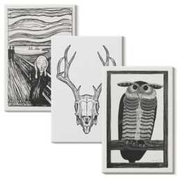 Canvas Wall Art Set Of 3 - Scream With A Skull & Owl in Graphic Style, Black White Print, Artwork Hanging Piece