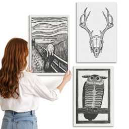 Canvas Wall Art Set Of 3 - Scream With A Skull & Owl in Graphic Style, Black White Print, Artwork Hanging Piece - thumbnail 2
