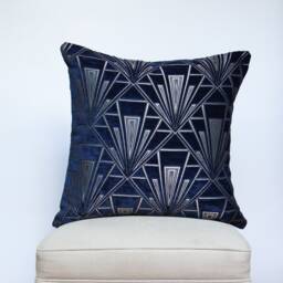 Art Deco Extra-Large Cushion Cover. Luxury Velvet Chenille. Navy Blue & Silver. Geometric Bold Design. 20S/30S Style. 23X23 - thumbnail 1
