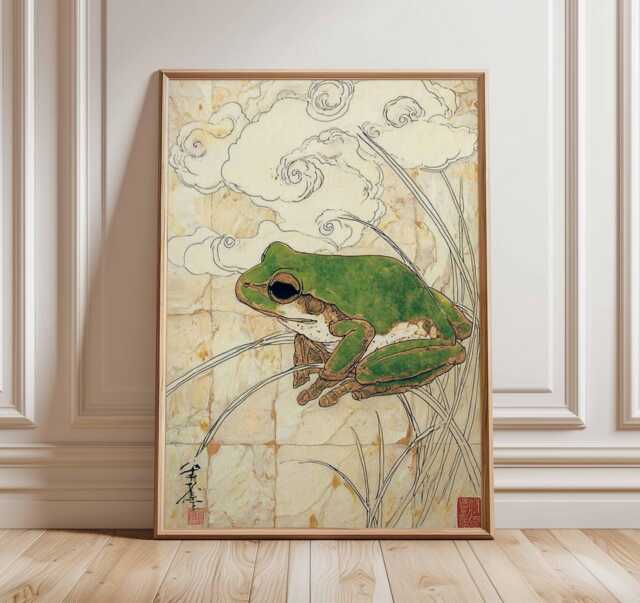 Japanese Frog Wall Art Print, Zen Animal Poster, Traditional Asian Artwork, Wabi Sabi Nature Decor, Oriental Illustration - image 1