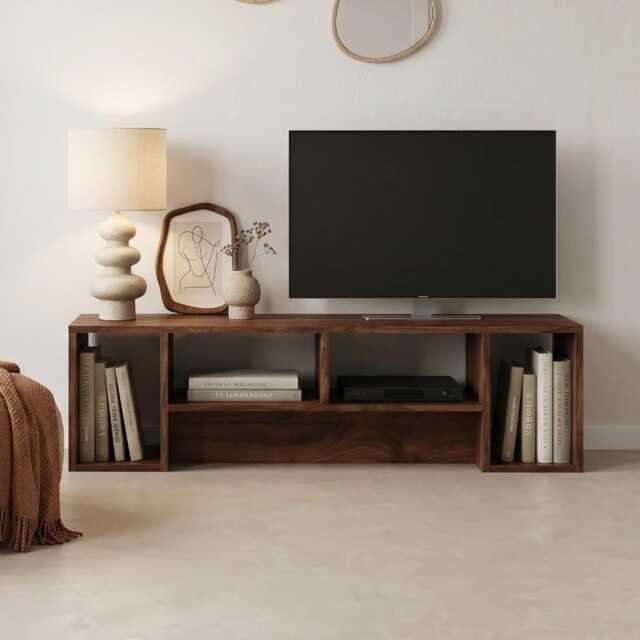 Solid Black Walnut Tv Unit, Low Profile Media Console With Open Shelving, Made To Order - image 1