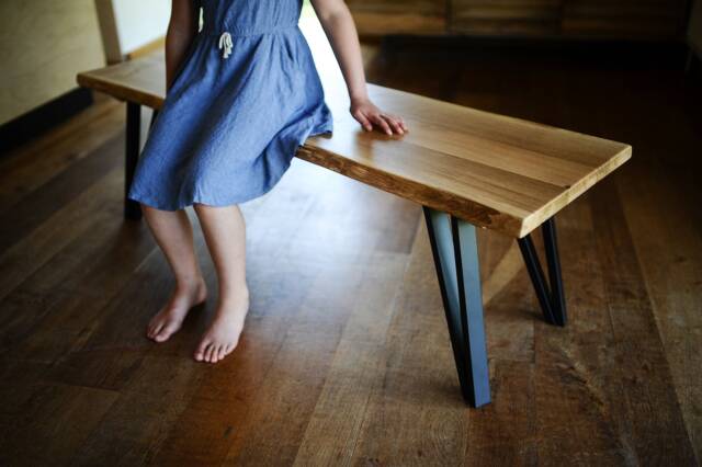 Rustic Oak Bench Live Edge Reclaimed Style, Steel Legs - image 1