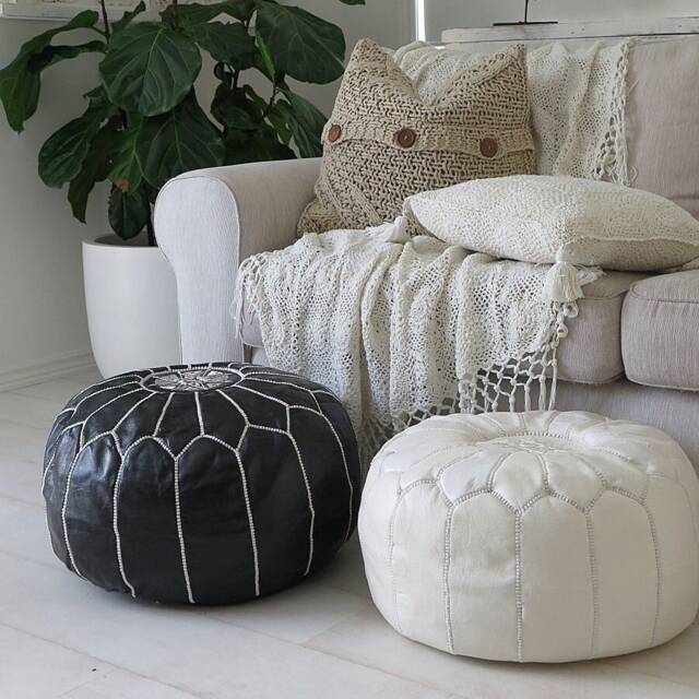 Handmade Moroccan Leather Pouf White Stitching Ottoman Footstool - image 1