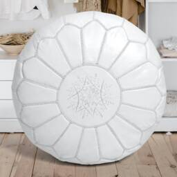 Handmade Moroccan Leather Pouf White Stitching Ottoman Footstool - thumbnail 3