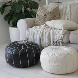 Handmade Moroccan Leather Pouf White Stitching Ottoman Footstool - thumbnail 1