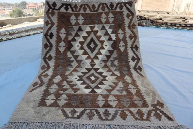 2'6x3'7 Ft Mini Afghan Kilim Rug/ Geometric Design/ Flatweave Handmade Wool Modern 3x4 Rug For Entry Way/ Entrance Kitchen Carpet - image 1