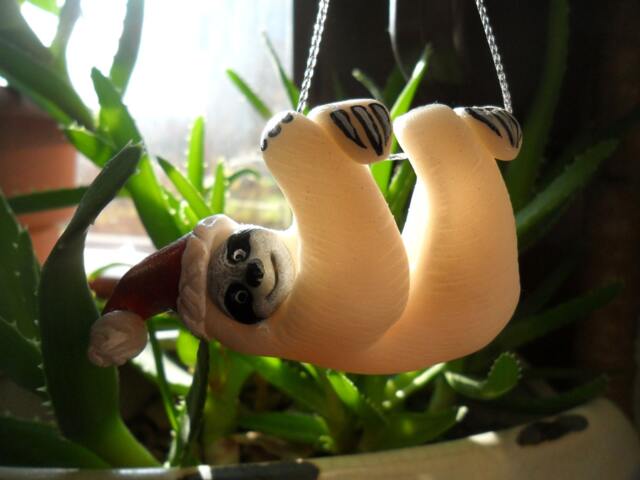 Hand Sculpted Polymer Clay Sloth Christmas Ornament - image 1