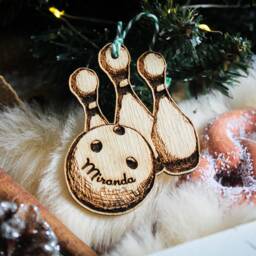 Personalised Bowling Christmas Ornament Wood Tenpin Game Ball Pins Custom Bauble Laser Engraved Rustic Wooden Tree Decoration - thumbnail 2