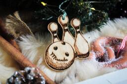Personalised Bowling Christmas Ornament Wood Tenpin Game Ball Pins Custom Bauble Laser Engraved Rustic Wooden Tree Decoration - thumbnail 1