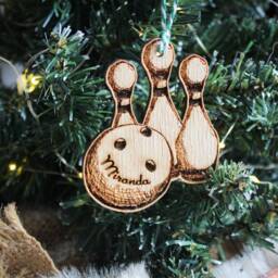 Personalised Bowling Christmas Ornament Wood Tenpin Game Ball Pins Custom Bauble Laser Engraved Rustic Wooden Tree Decoration - thumbnail 3