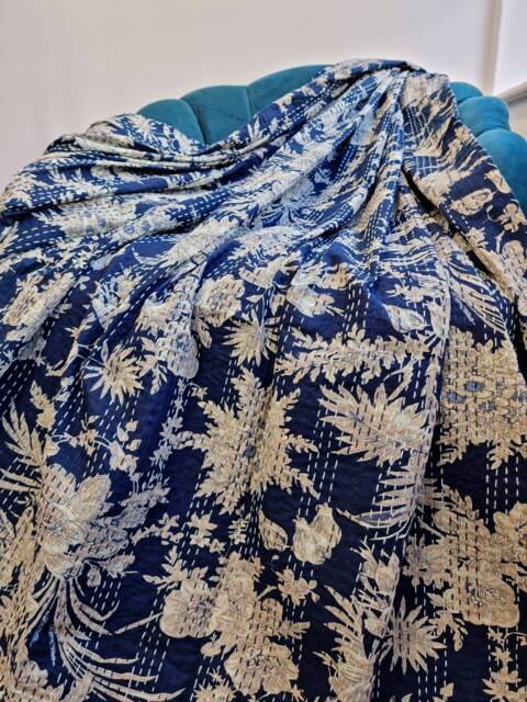 Kantha Stitch Pure Cotton Reversible Bed/Sofa Throw King Size - Handmade Handprinted Floral Dohar Midnight Dark Navyblue Beige - image 1